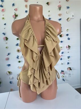 Ruffled Halter One-Piece Swimsuit - Beige